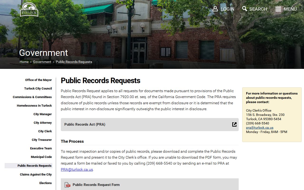 Turlock people search using the city public records request page